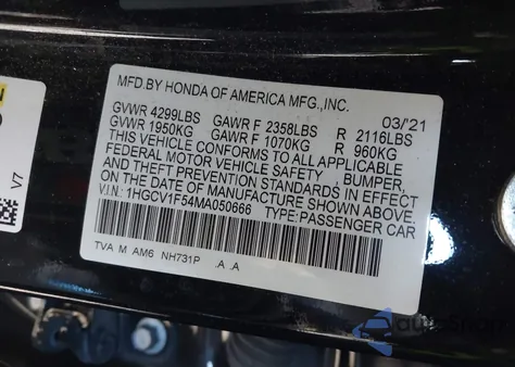 2021 Honda Accord Ex-L from USA, damaged, VIN 1HGCV1F54MA050666